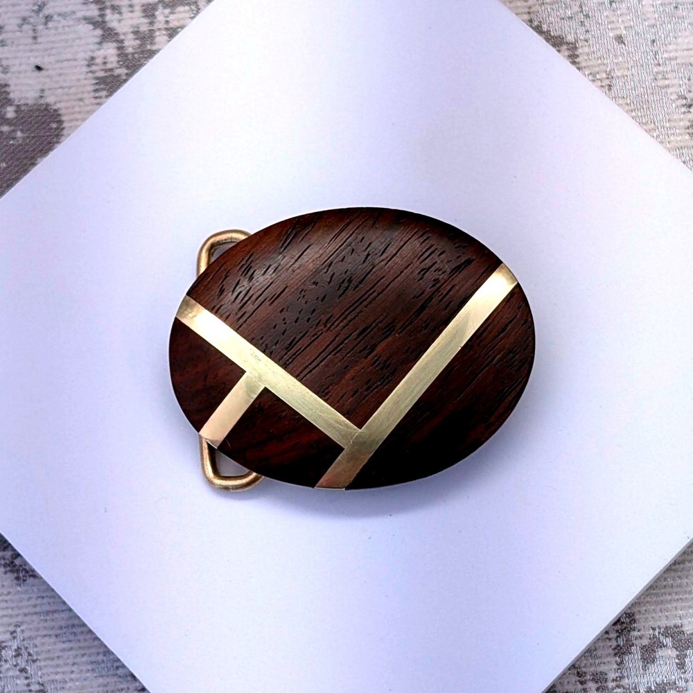 Wood Brass Oval Belt Buckle Mens Womens‎ Geometric Modern Unisex